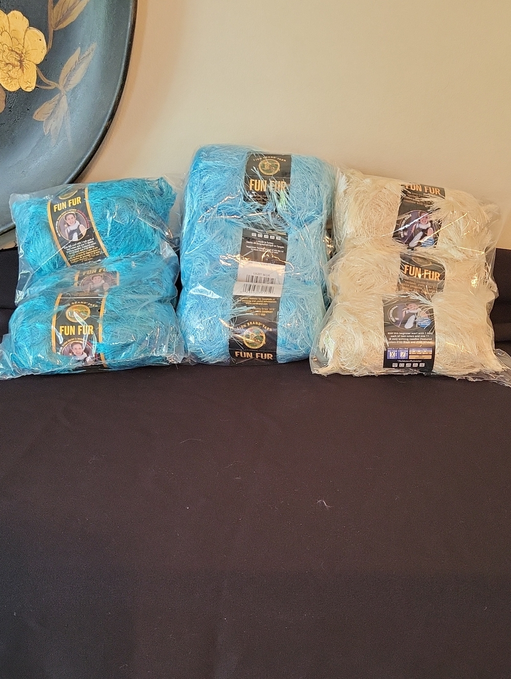 9 Skeins Fun Fur Eyelash Yarn Bundle in Aqua Blue and Cream